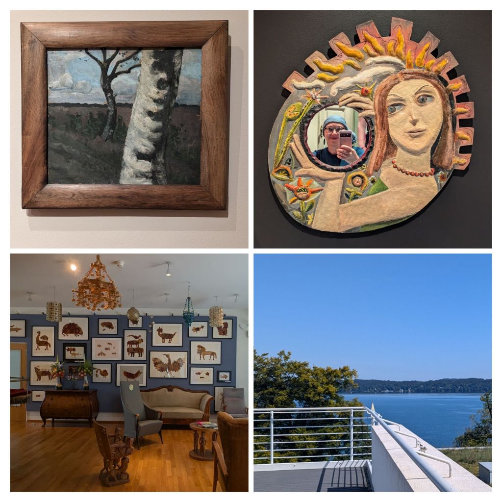 Various images from the Buchheim Museum. Top left shows a painting of trees, top right shows a mirror surrounded by a relief of a woman holding it. Bottom left shows a seating area with pictures on the walls.Bottom right shows lake Starnberg from a terrace at the museum building.