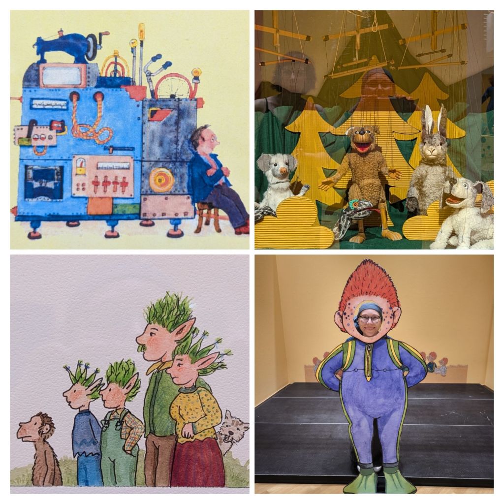 4 pictures of the Paul Maar exhibit a th the Buchheim Museum. Top left shows an illustration of a machine. Top right shows animal marionettes. Bottom left shoes an illustration of a family with long ears and green hair. Bottom right shows a cartoon of the Sams with an opening in the face to take pictures.