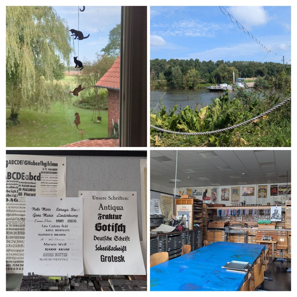 Top left shows the view out a window looking out on a garden. Top right shows a ferry across the Weser river. Bottom left shows printings of different fonts. Bottom right shows a table in a printing workshop.
